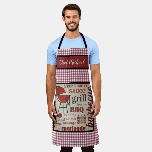 Personalized Barbecue Chef Red Gingham Check  Apron (Worn)