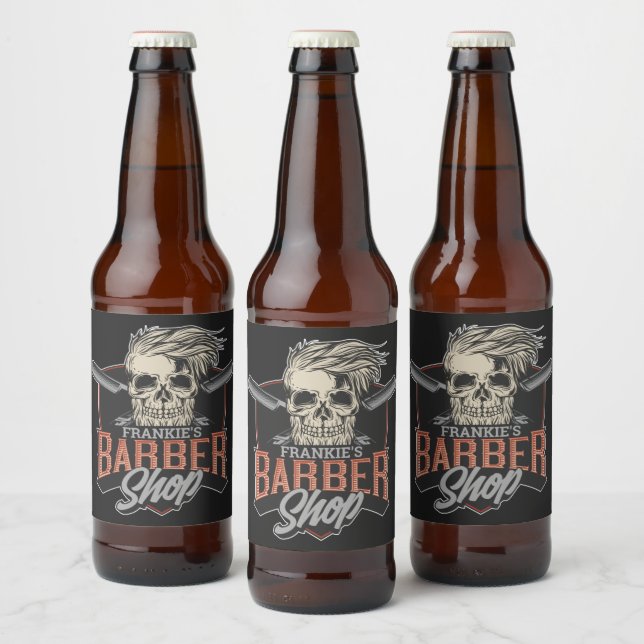 Personalized Barber Shop Hipster Skull and Razors  Beer Bottle Label (Bottles)