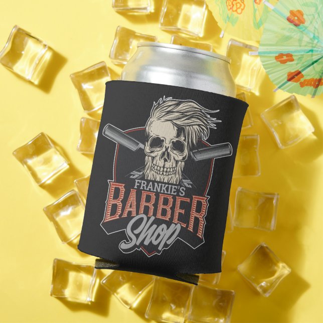 Personalized Barber Shop Hipster Skull and Razors  Can Cooler (In Situ Summer)