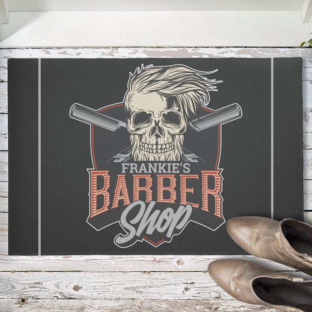 Personalized Barber Shop Hipster Skull and Razors Doormat (Creator Uploaded)
