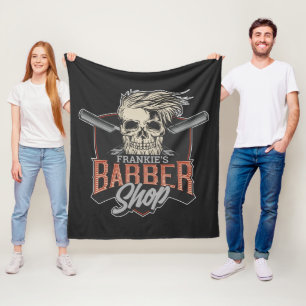 Personalized Barber Shop Hipster Skull and Razors Fleece Blanket
