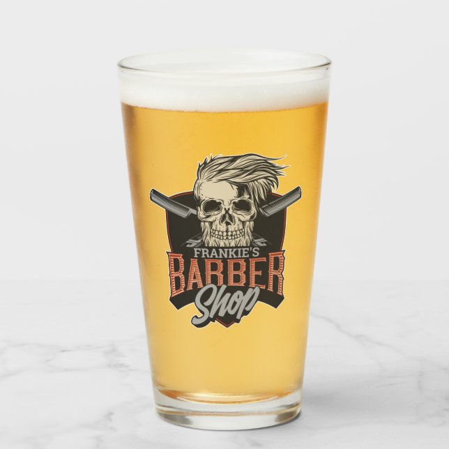 Personalized Barber Shop Hipster Skull and Razors  Glass (Front Filled)