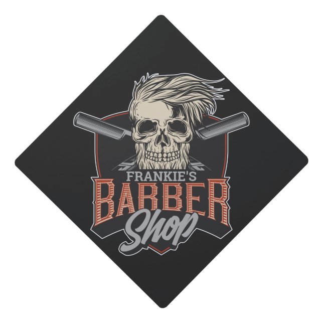 Personalized Barber Shop Hipster Skull and Razors  Graduation Cap Topper (Front)