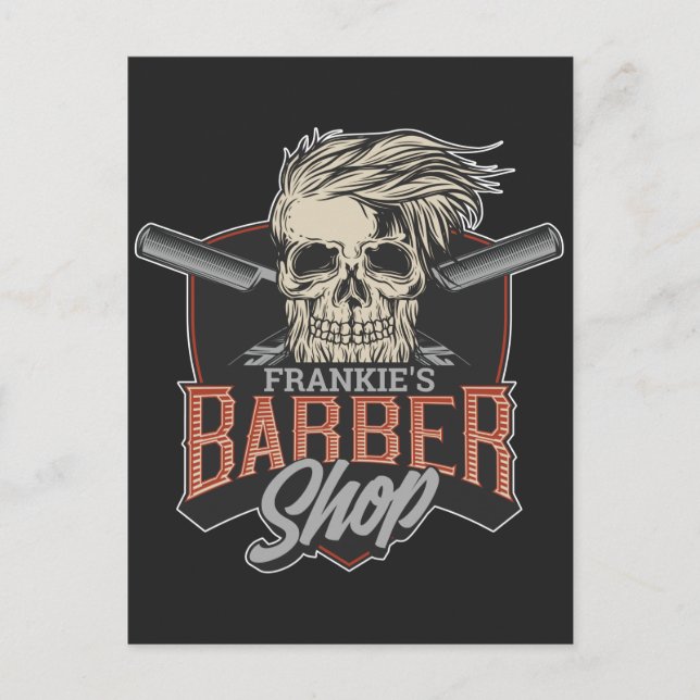 Personalized Barber Shop Hipster Skull and Razors  Holiday Postcard (Front)