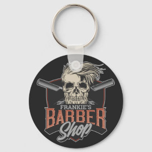 Personalized Barber Shop Hipster Skull and Razors Keychain