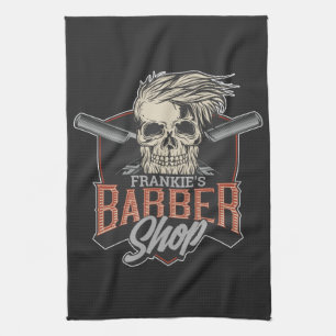 Personalized Barber Shop Hipster Skull and Razors Kitchen Towel