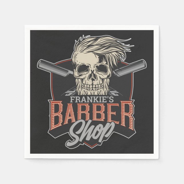 Personalized Barber Shop Hipster Skull and Razors Napkin (Front)