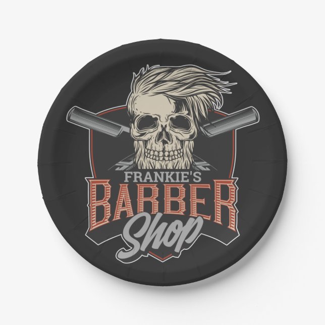 Personalized Barber Shop Hipster Skull and Razors  Paper Plate (Front)