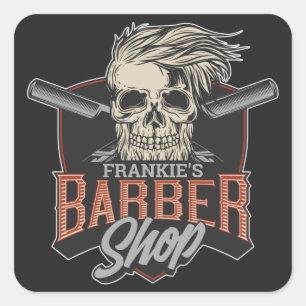 Personalized Barber Shop Hipster Skull and Razors  Square Sticker