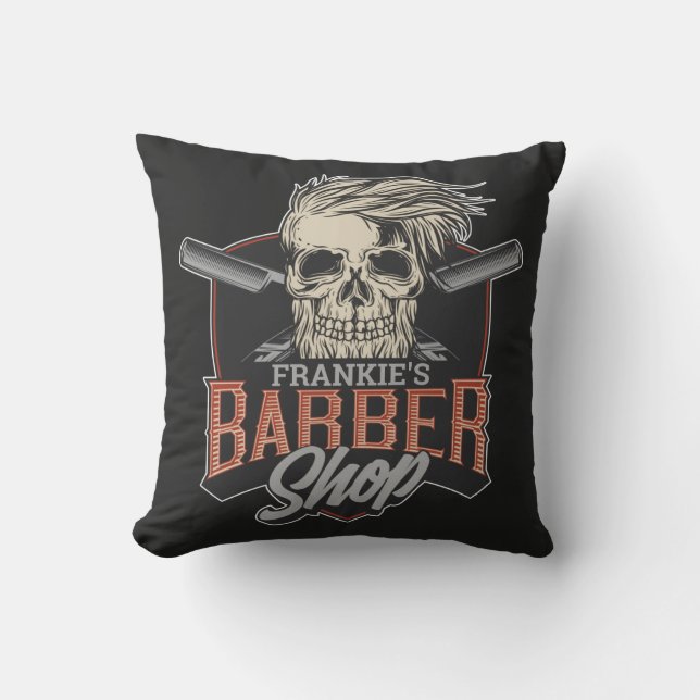 Personalized Barber Shop Hipster Skull and Razors Throw Pillow (Front)