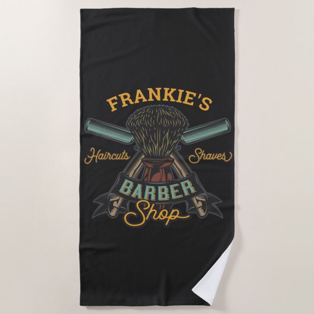 Personalized Barber Shop Retro Haircuts Shaves Beach Towel (Front)