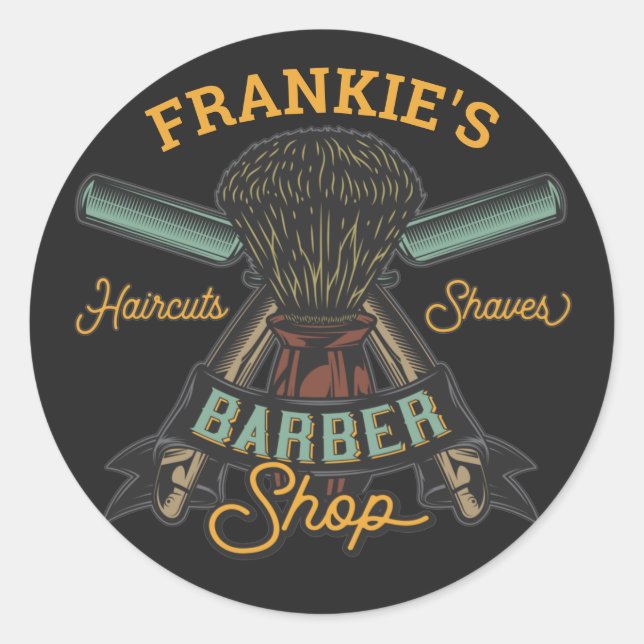 Personalized Barber Shop Retro Haircuts Shaves Classic Round Sticker (Front)