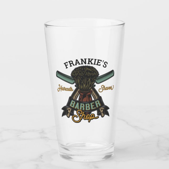 Personalized Barber Shop Retro Haircuts Shaves Glass (Front)