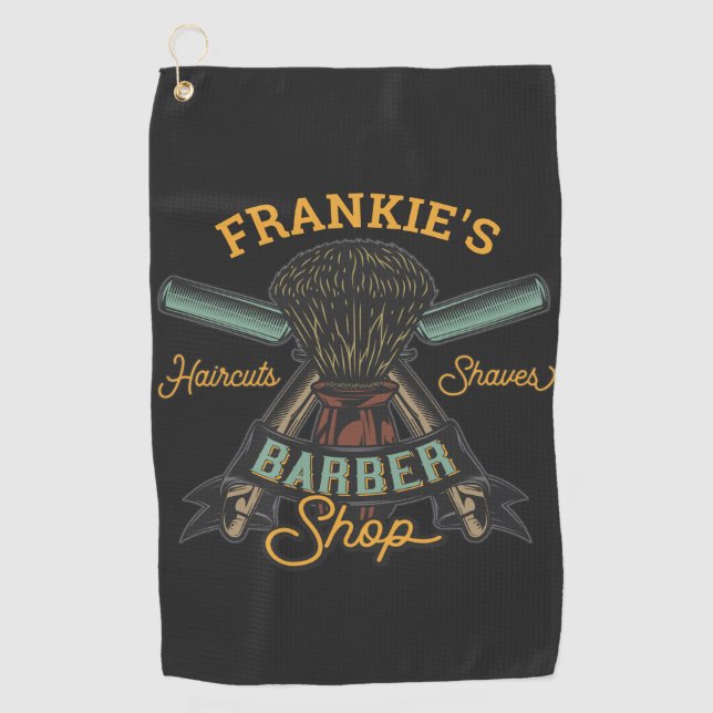 Personalized Barber Shop Retro Haircuts Shaves Golf Towel (Front)