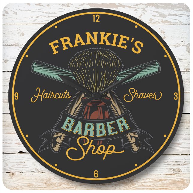 Personalized Barber Shop Retro Haircuts Shaves Large Clock (Creator Uploaded)