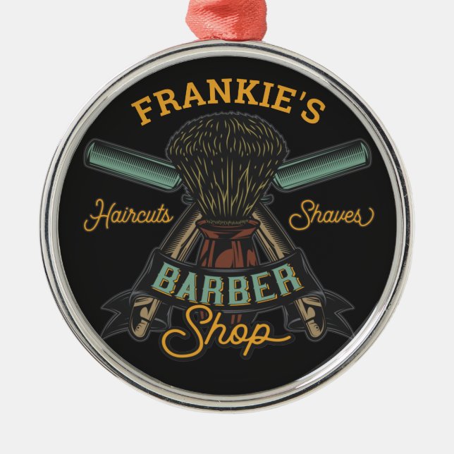 Personalized Barber Shop Retro Haircuts Shaves  Metal Ornament (Front)