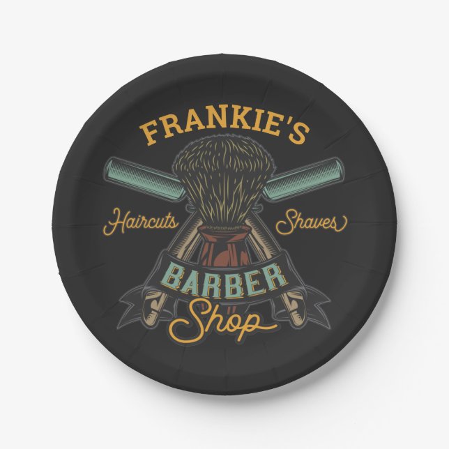 Personalized Barber Shop Retro Haircuts Shaves Paper Plate (Front)