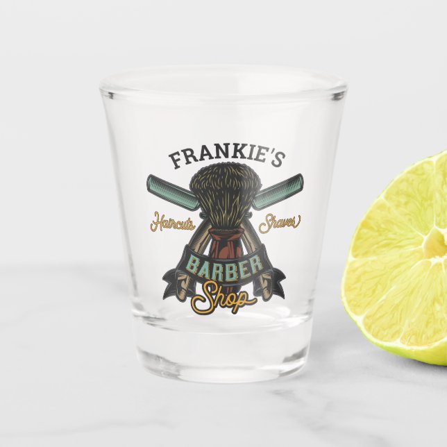 Personalized Barber Shop Retro Haircuts Shaves  Shot Glass (Front)