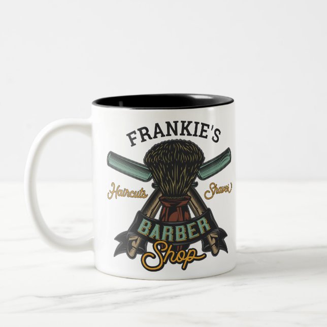 Personalized Barber Shop Retro Haircuts Shaves  Two-Tone Coffee Mug (Left)