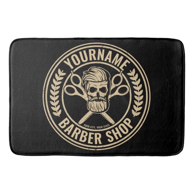 Personalized Barber Shop Skull Rockabilly Salon   Bath Mat (Front)