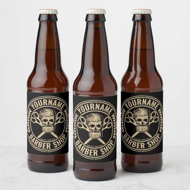 Personalized Barber Shop Skull Rockabilly Salon   Beer Bottle Label (Bottles)