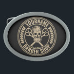 Personalized Barber Shop Skull Rockabilly Salon  Belt Buckle<br><div class="desc">Personalized Barber Shop Rockabilly Skull and Scissors,  featuring bearded hipster skeleton hair salon design. Customize with your Name or Custom Text.</div>