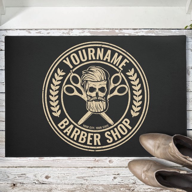 Personalized Barber Shop Skull Rockabilly Salon Doormat (Creator Uploaded)
