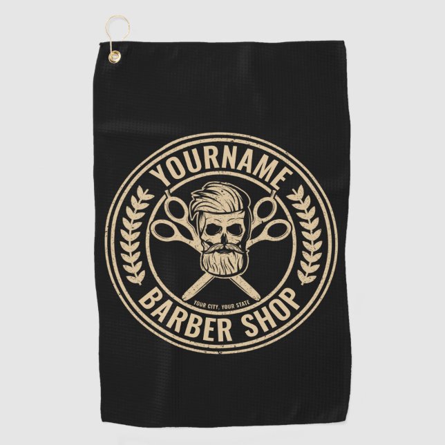 Personalized Barber Shop Skull Rockabilly Salon   Golf Towel (Front)