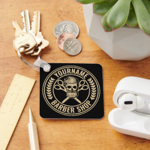 Personalized Barber Shop Skull Rockabilly Salon  Keychain