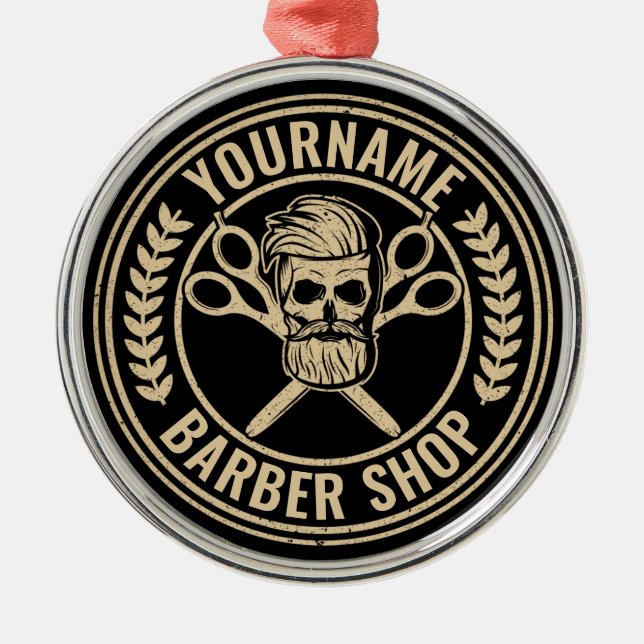 Personalized Barber Shop Skull Rockabilly Salon  Metal Ornament (Front)
