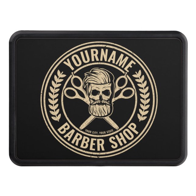 Personalized Barber Shop Skull Rockabilly Salon  Trailer Hitch Cover (Front)