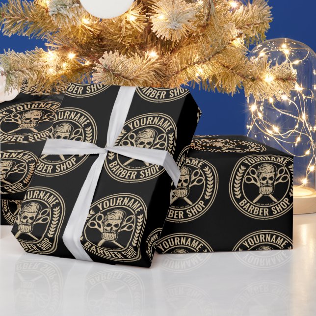 Personalized Barber Shop Skull Rockabilly Salon   Wrapping Paper (Holidays)