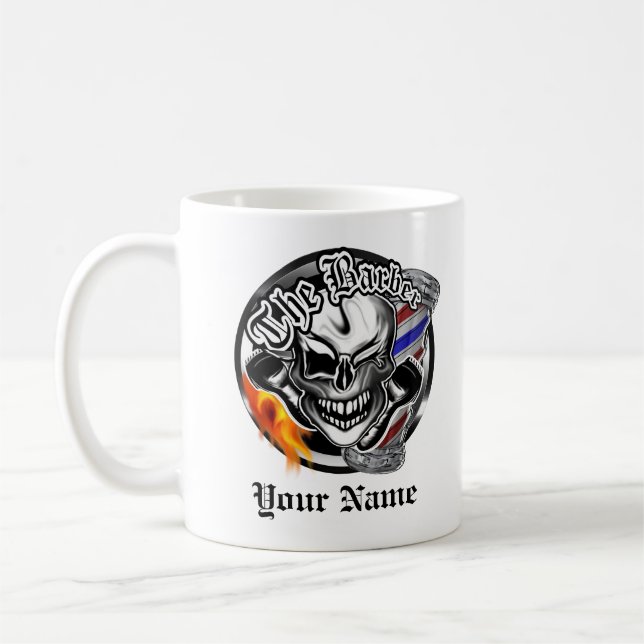 Personalized Barber Skull with Flaming Razor Mug (Left)