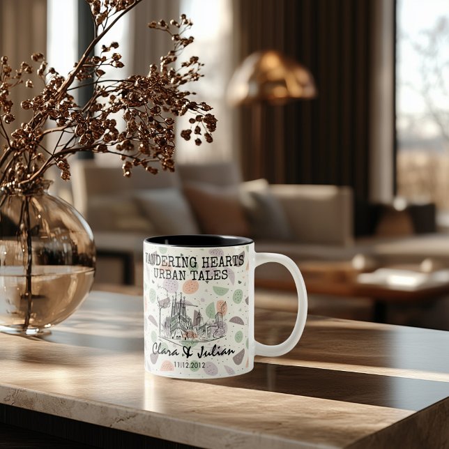 Personalized Barcelona Memory - Line Art Landmark Two-Tone Coffee Mug (Creator Uploaded)