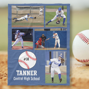 Personalized Baseball 5 Photo Collage Name Team # Fleece Blanket