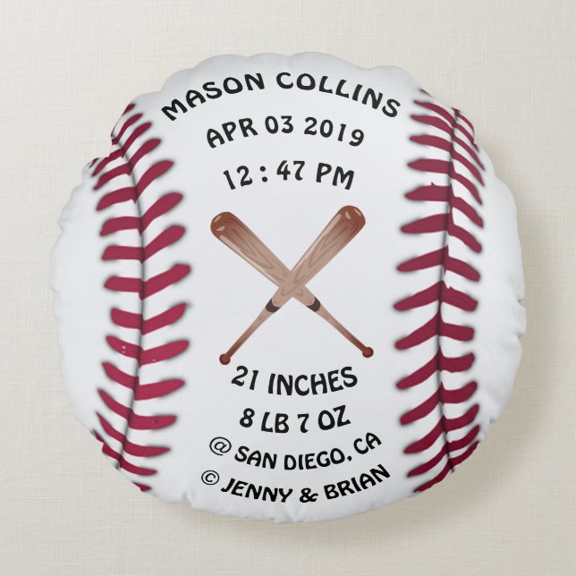 Personalized Baseball Baby Stats Birth Records Round Pillow (Front)