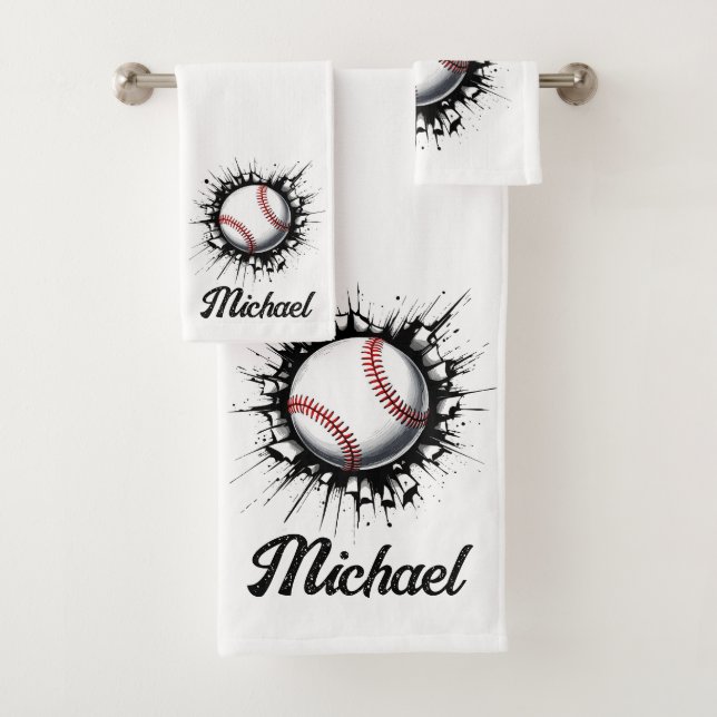 Personalized Baseball Ball Breaking Through Wall   Bath Towel Set (Insitu)