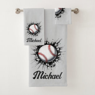 Personalized Baseball Ball Breaking Through Wall   Bath Towel Set