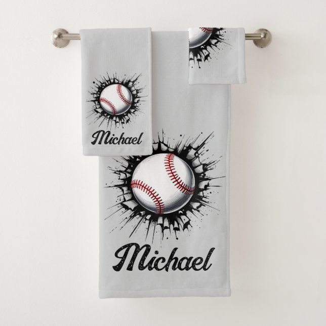 Personalized Baseball Ball Breaking Through Wall   Bath Towel Set (Insitu)