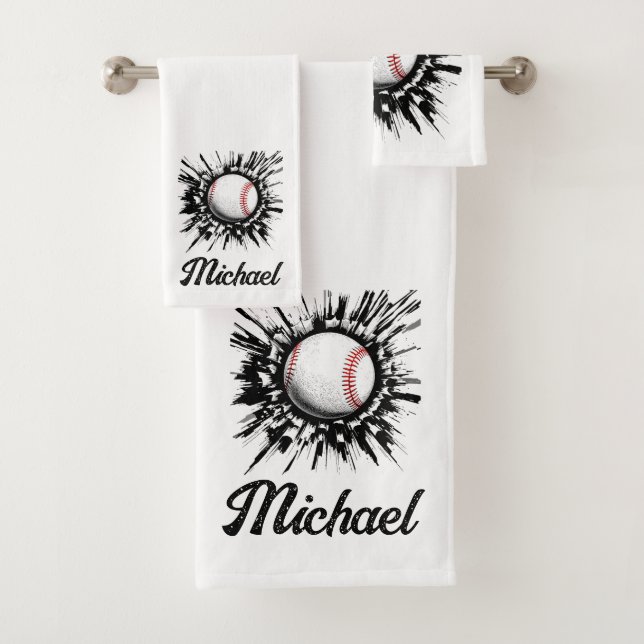 Personalized Baseball Ball Breaking Through Wall   Bath Towel Set (Insitu)