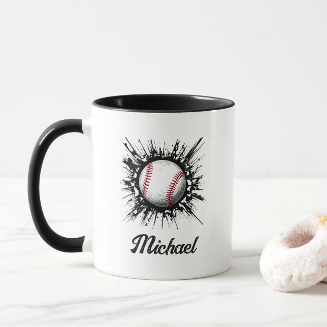 Personalized Baseball Ball Breaking Through Wall   Mug (With Donut)