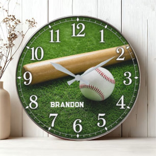 Personalized Baseball Bat and Ball on Green Field Large Clock