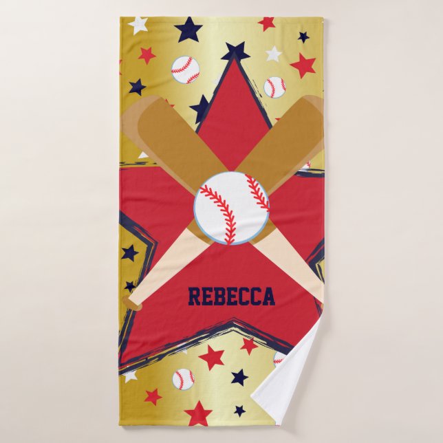 Personalized Baseball Bats Ball and Stars Gold Bath Towel (Bath Towel)