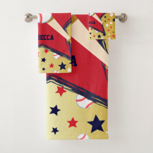 Personalized Baseball Bats Ball and Stars Gold Bath Towel Set