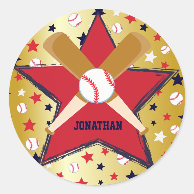 Personalized Baseball Bats Ball and Stars Gold Classic Round Sticker (Front)