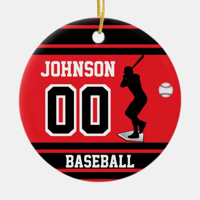 Personalized Baseball Batter | Red and Black Ceramic Ornament (Front)