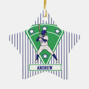 Personalized Baseball Batter Star Blue Ceramic Ornament