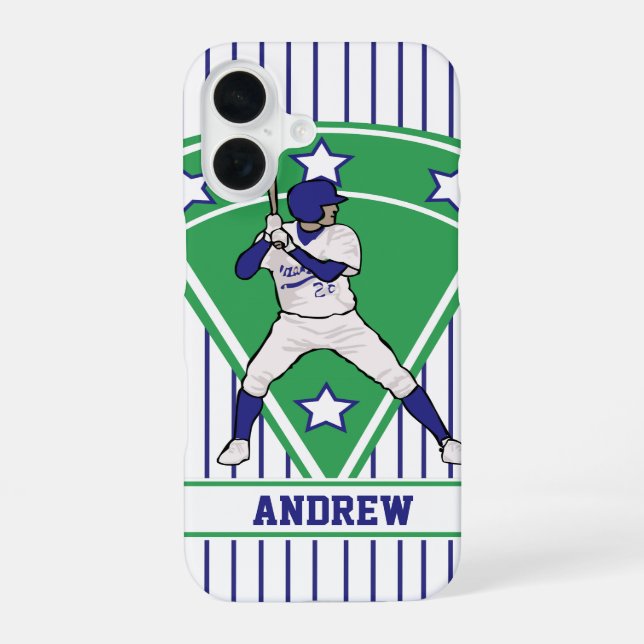 Personalized Baseball Batter Star Blue iPhone 16 Case (Back)