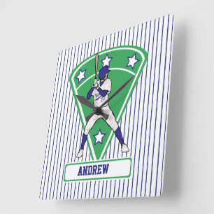 Personalized Baseball Batter Star Blue Square Wall Clock
