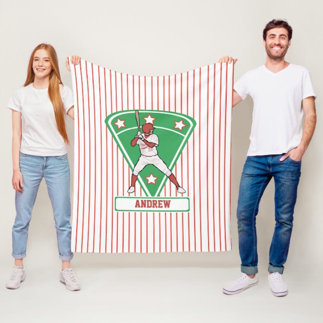 Personalized Baseball Batter Star Red Fleece Blanket (In Situ)
